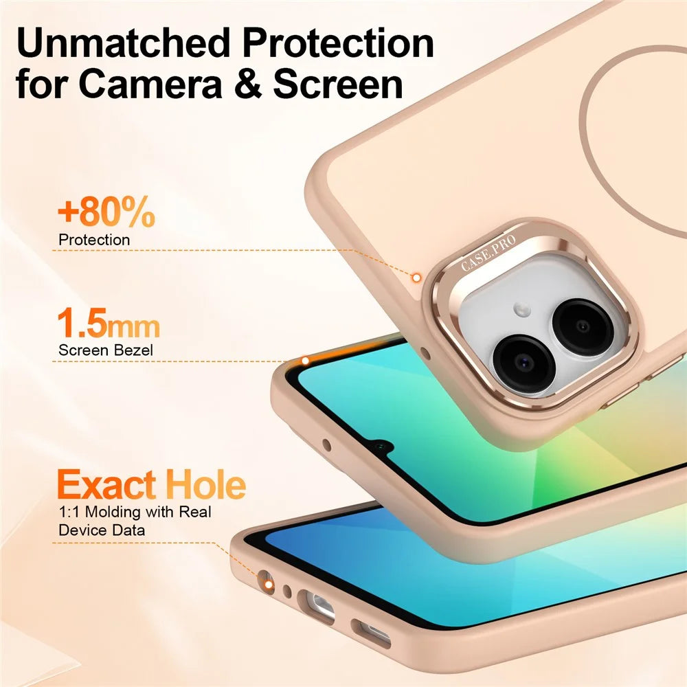 For Samsung Galaxy A06 4G Case Skin-touch PC + TPU Magnetic Phone Cover with Lens Frame Kickstand - Desert Gold - 5