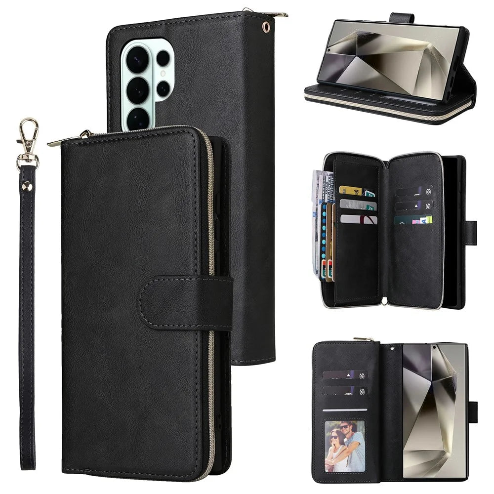 For Samsung Galaxy S26 Ultra Case Zipper Pocket 9 Card Slots PU Leather Phone Cover with Hand Strap - Black - 1