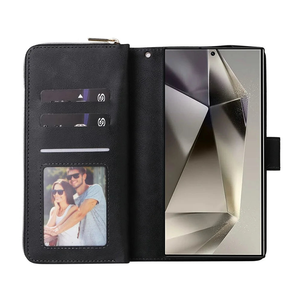 For Samsung Galaxy S26 Ultra Case Zipper Pocket 9 Card Slots PU Leather Phone Cover with Hand Strap - Black - 2