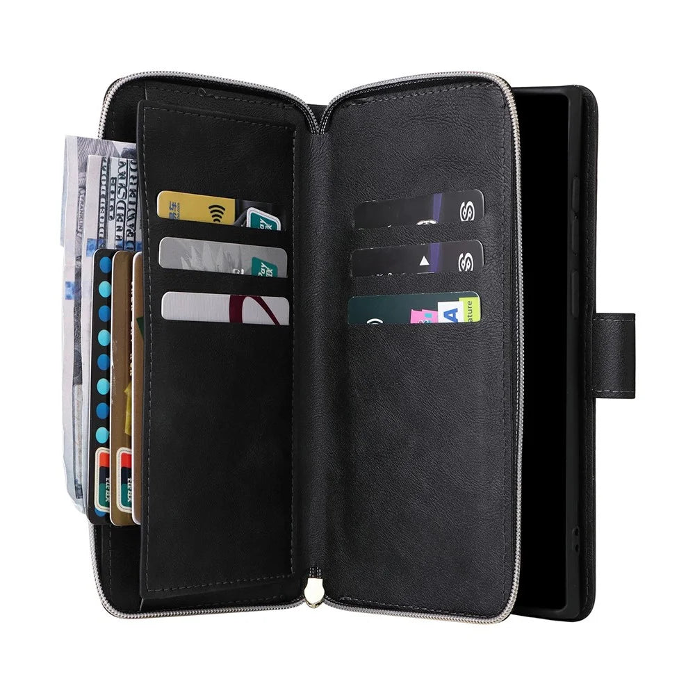 For Samsung Galaxy S26 Ultra Case Zipper Pocket 9 Card Slots PU Leather Phone Cover with Hand Strap - Black - 3