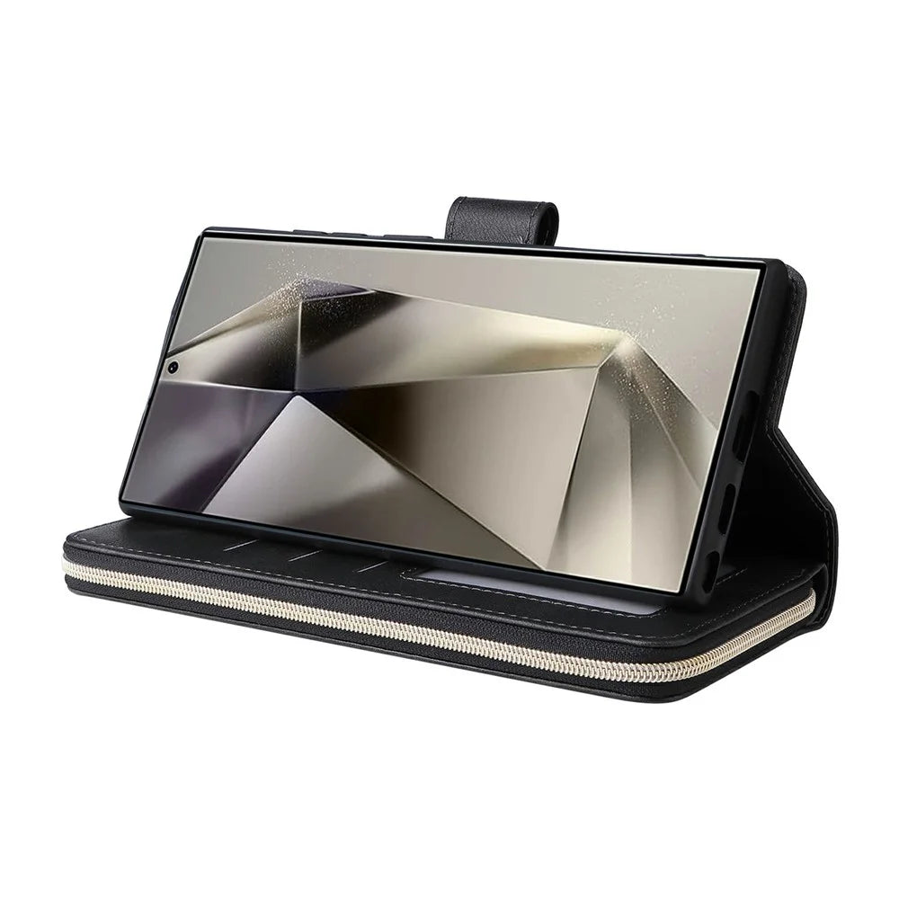 For Samsung Galaxy S26 Ultra Case Zipper Pocket 9 Card Slots PU Leather Phone Cover with Hand Strap - Black - 4
