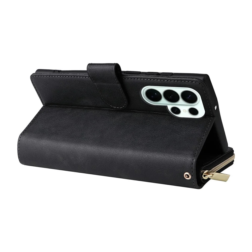 For Samsung Galaxy S26 Ultra Case Zipper Pocket 9 Card Slots PU Leather Phone Cover with Hand Strap - Black - 5