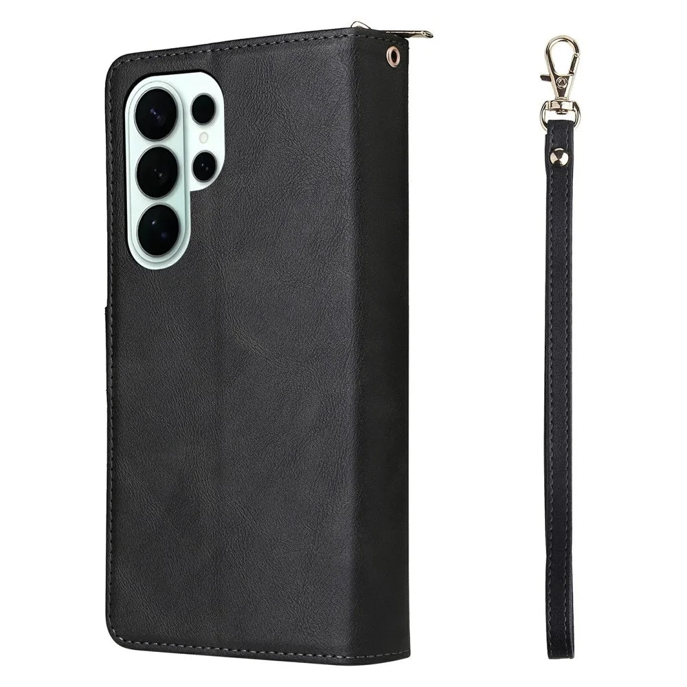 For Samsung Galaxy S26 Ultra Case Zipper Pocket 9 Card Slots PU Leather Phone Cover with Hand Strap - Black - 7