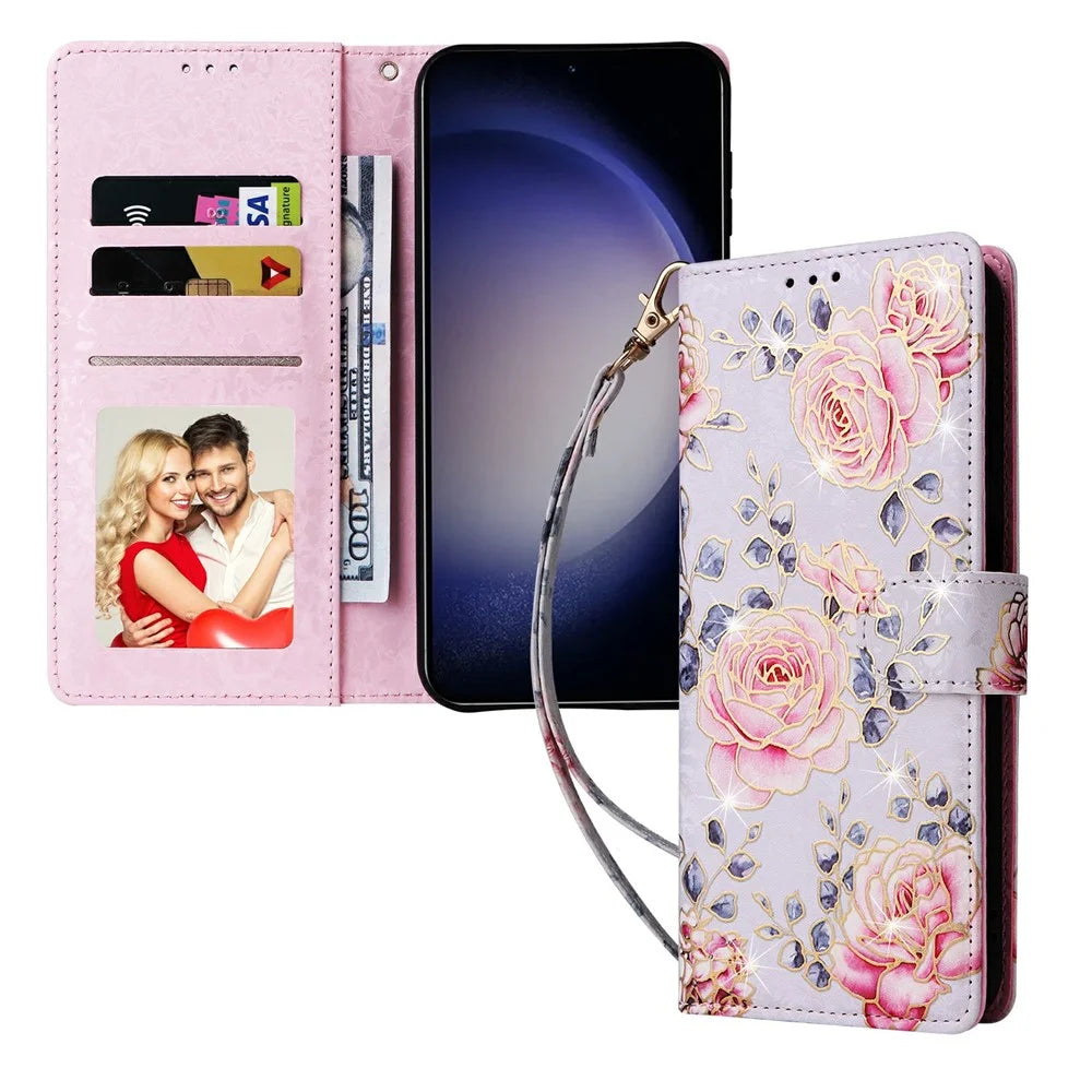 For Samsung Galaxy S26 Case RFID Blocking Flower Leather Phone Cover - Rose Flower - 5