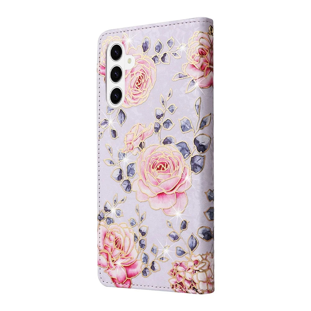 For Samsung Galaxy S26 Case RFID Blocking Flower Leather Phone Cover - Rose Flower - 7