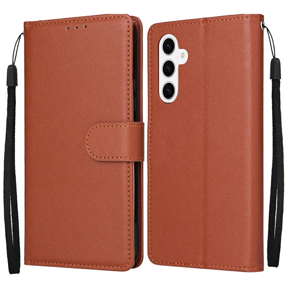 For Samsung Galaxy S26+ Wallet Stand PU Leather Phone Cover with Wrist Strap - Brown - 1