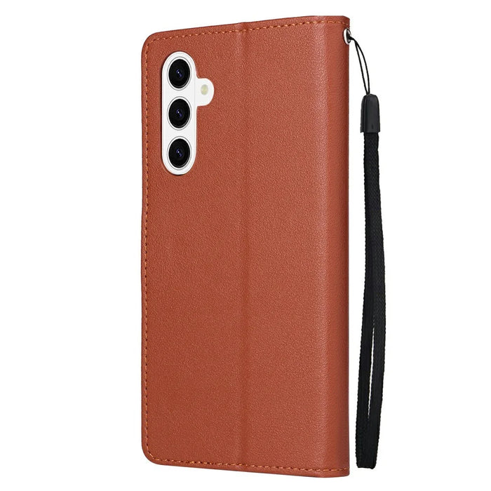 For Samsung Galaxy S26+ Wallet Stand PU Leather Phone Cover with Wrist Strap - Brown - 6