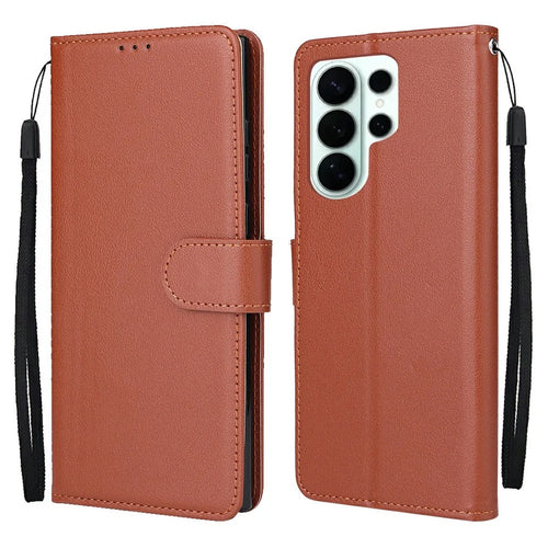 For Samsung Galaxy S26 Ultra Case Wallet Stand PU Leather Phone Cover with Wrist Strap - Brown - 1