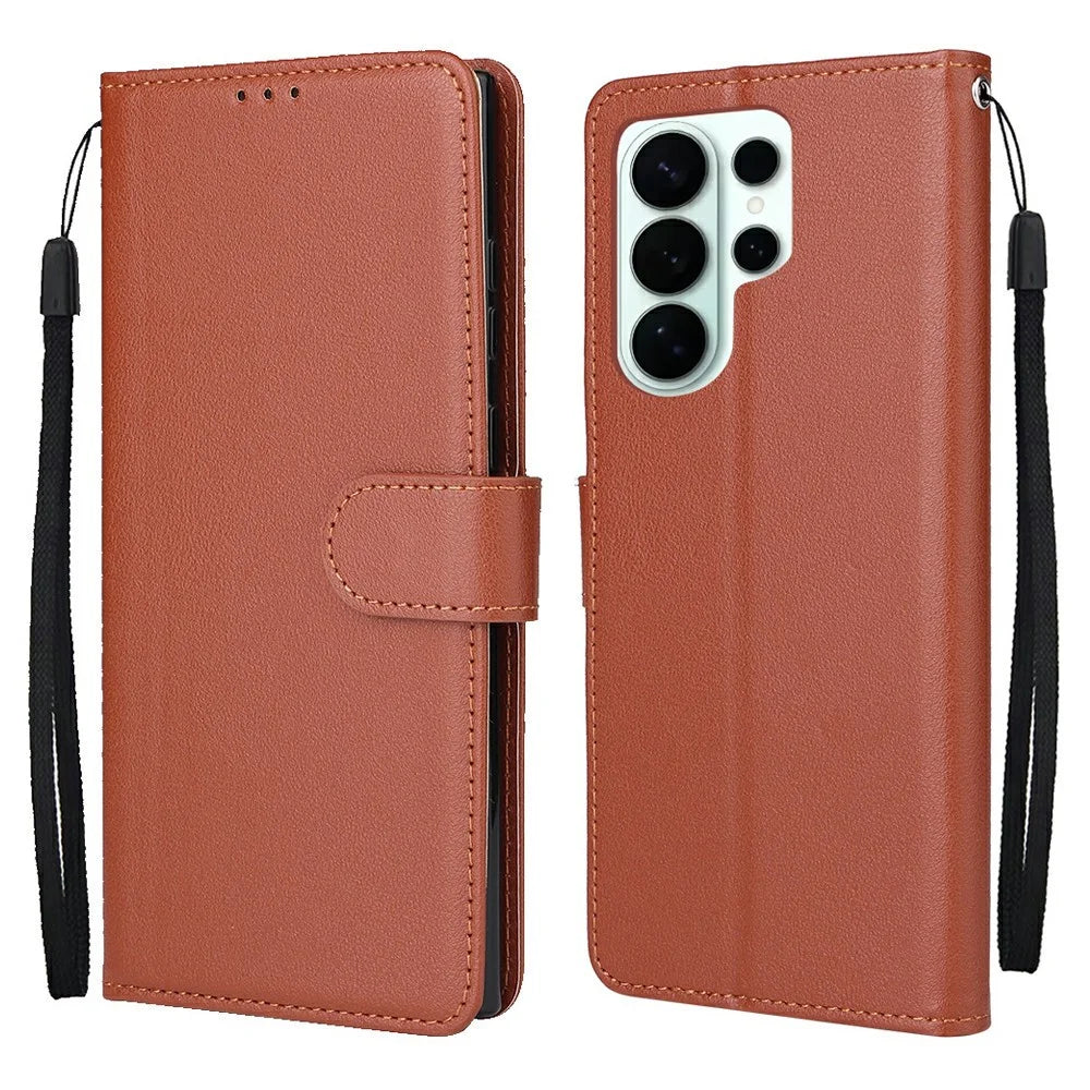 For Samsung Galaxy S26 Ultra Case Wallet Stand PU Leather Phone Cover with Wrist Strap - Brown - 1