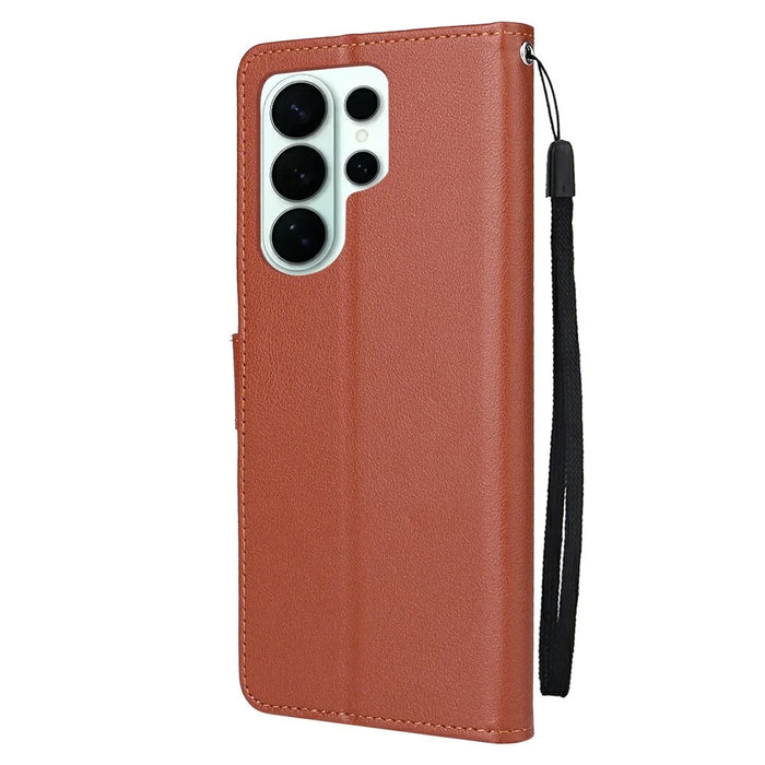 For Samsung Galaxy S26 Ultra Case Wallet Stand PU Leather Phone Cover with Wrist Strap - Brown - 6