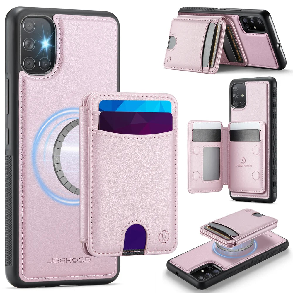 JEEHOOD For Samsung Galaxy A51 4G SM-A515 Magnetic Case  J10 Leather Back Phone Cover with Detachable Card Holder Kickstand - Pink - 1