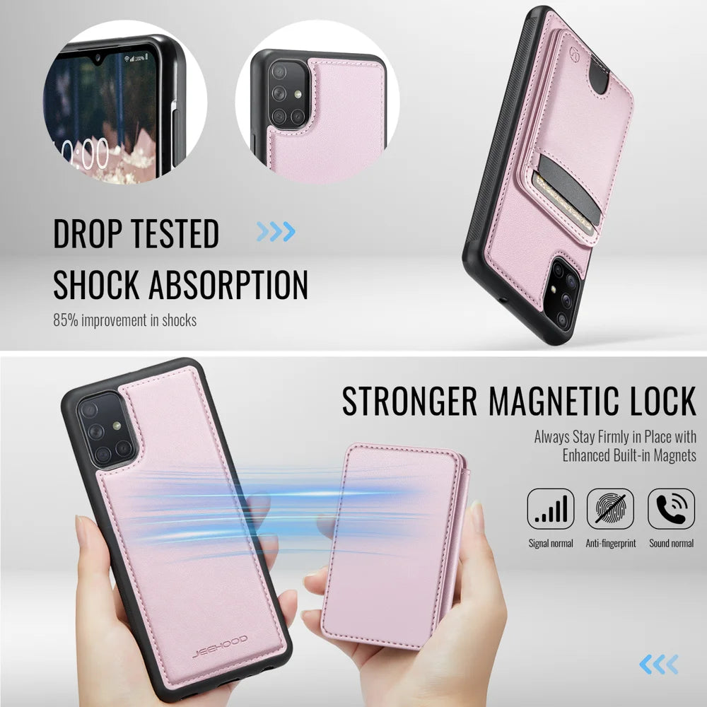 JEEHOOD For Samsung Galaxy A51 4G SM-A515 Magnetic Case  J10 Leather Back Phone Cover with Detachable Card Holder Kickstand - Pink - 3