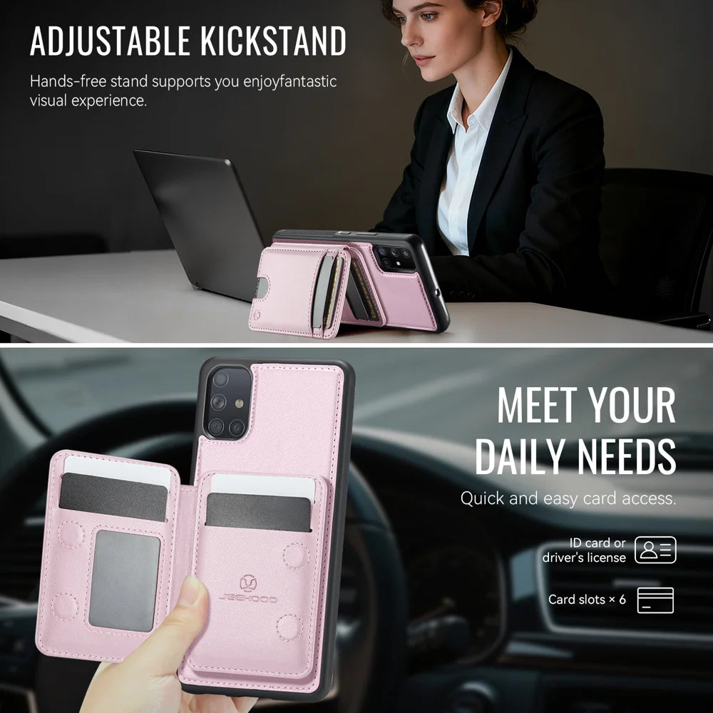JEEHOOD For Samsung Galaxy A51 4G SM-A515 Magnetic Case  J10 Leather Back Phone Cover with Detachable Card Holder Kickstand - Pink - 4