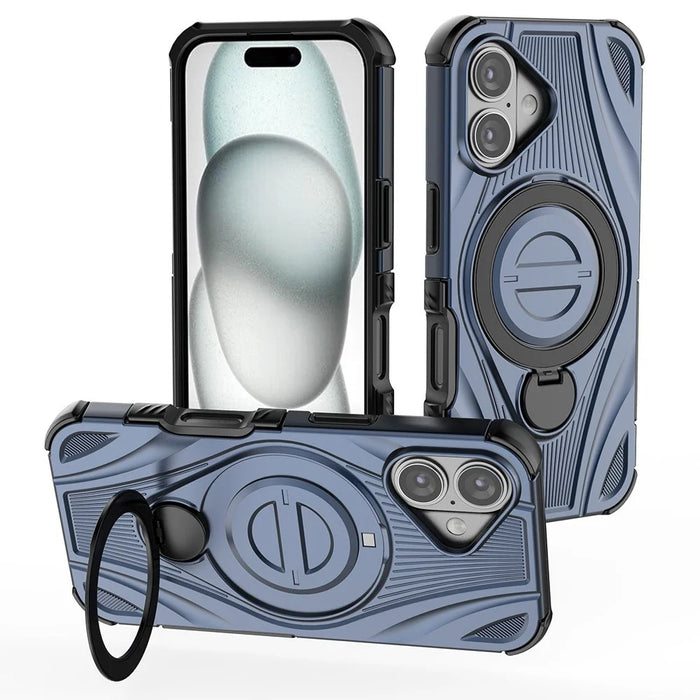For iPhone 16 Magnetic Case Rotating Kickstand TPU PC Shockproof Phone Back Cover Compatible with MagSafe - Dark Blue - 2