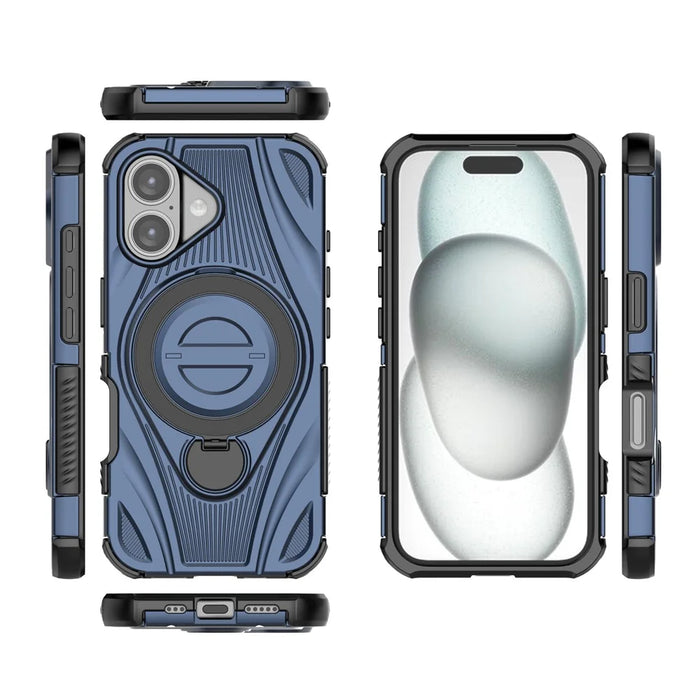 For iPhone 16 Magnetic Case Rotating Kickstand TPU PC Shockproof Phone Back Cover Compatible with MagSafe - Dark Blue - 4