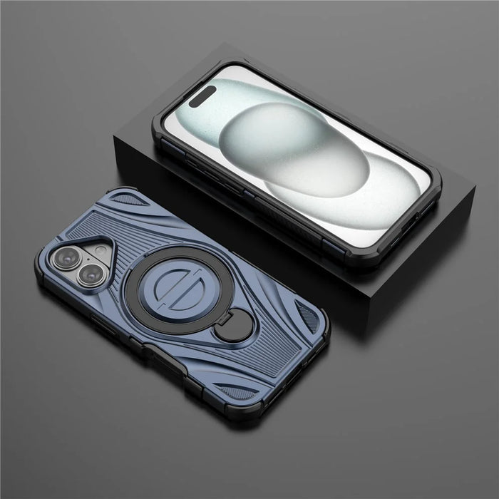 For iPhone 16 Magnetic Case Rotating Kickstand TPU PC Shockproof Phone Back Cover Compatible with MagSafe - Dark Blue - 5