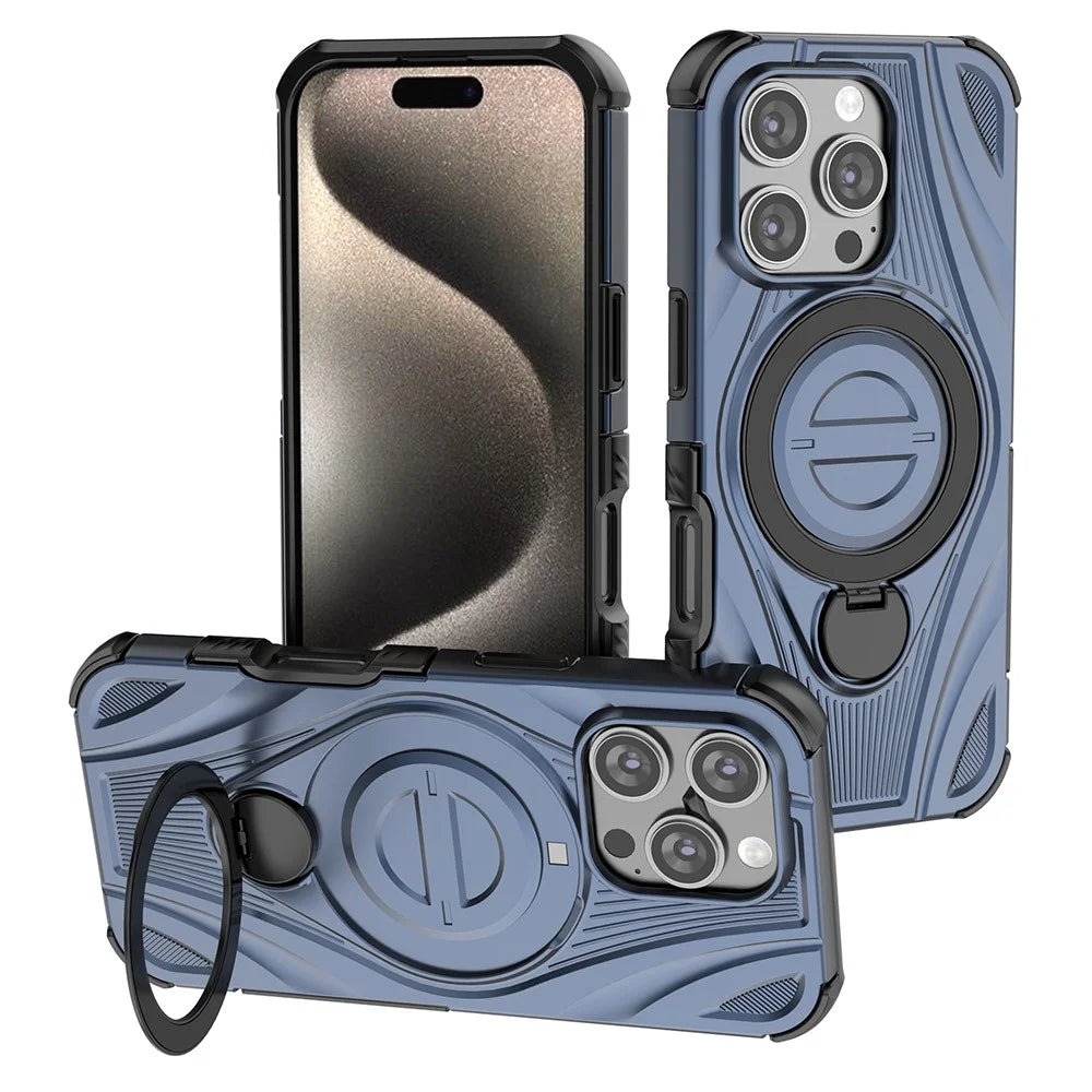 For iPhone 16 Pro Magnetic Case Rotating Kickstand TPU PC Shockproof Phone Back Cover Compatible with MagSafe - Dark Blue - 1
