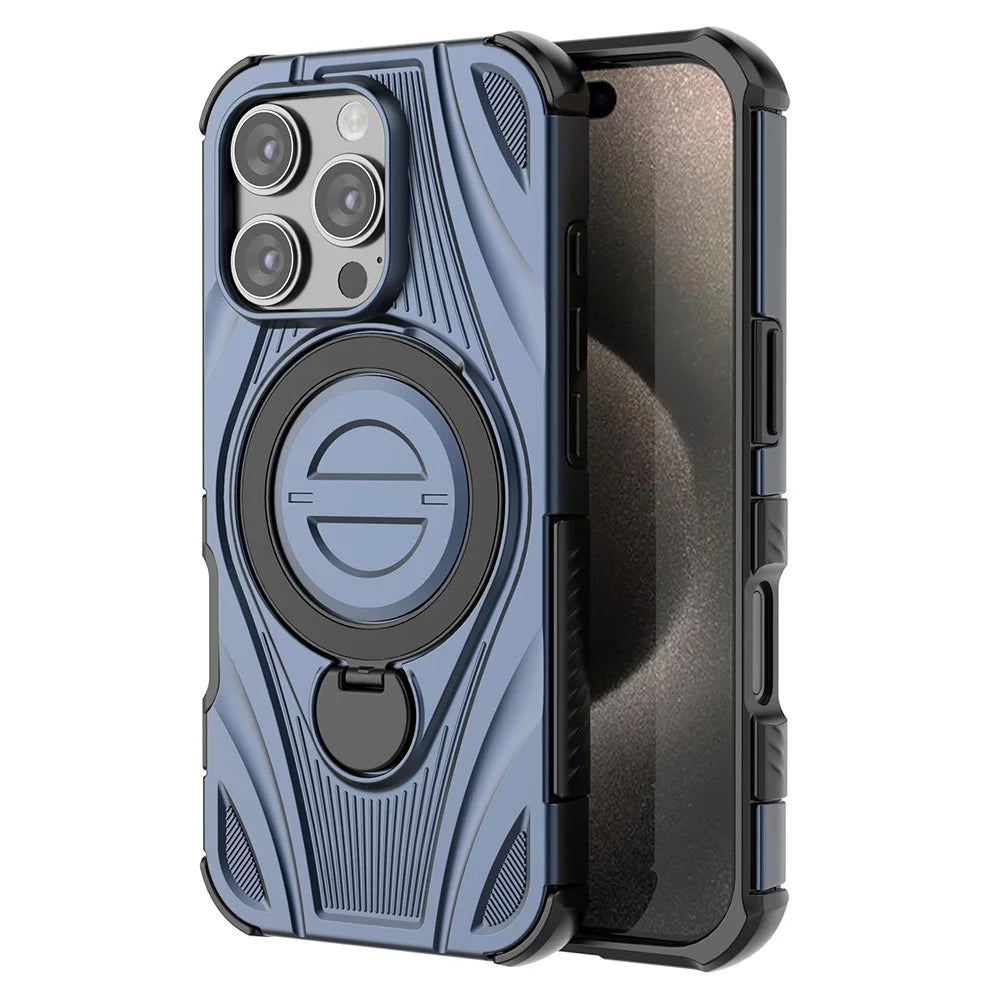 For iPhone 16 Pro Magnetic Case Rotating Kickstand TPU PC Shockproof Phone Back Cover Compatible with MagSafe - Dark Blue - 2