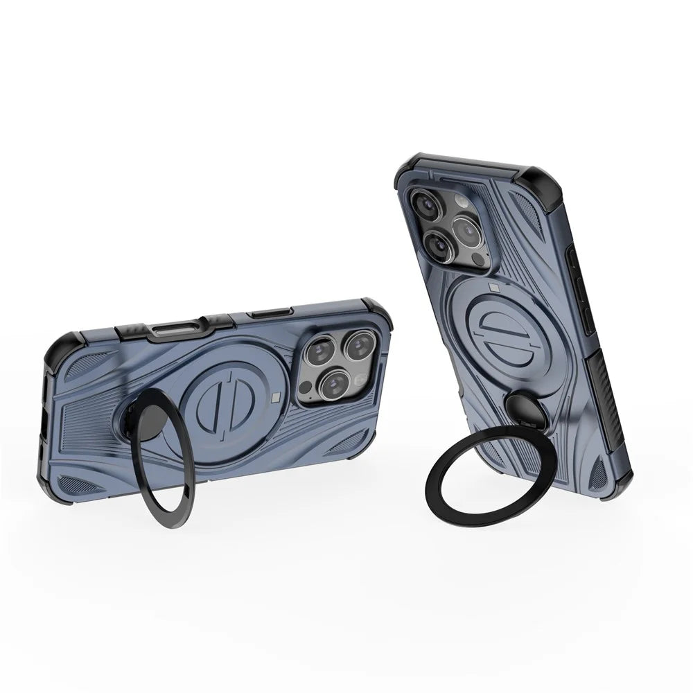 For iPhone 16 Pro Magnetic Case Rotating Kickstand TPU PC Shockproof Phone Back Cover Compatible with MagSafe - Dark Blue - 3