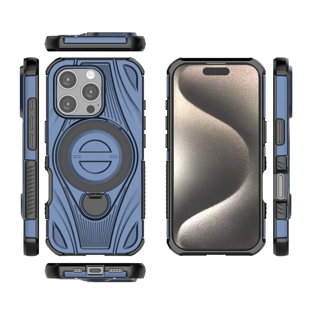 For iPhone 16 Pro Magnetic Case Rotating Kickstand TPU PC Shockproof Phone Back Cover Compatible with MagSafe - Dark Blue - 4