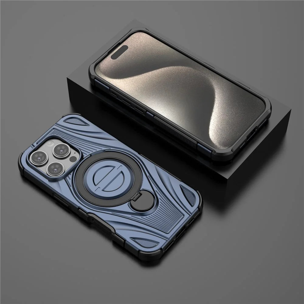 For iPhone 16 Pro Magnetic Case Rotating Kickstand TPU PC Shockproof Phone Back Cover Compatible with MagSafe - Dark Blue - 5