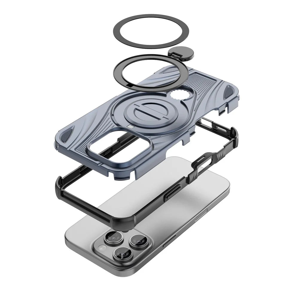 For iPhone 16 Pro Magnetic Case Rotating Kickstand TPU PC Shockproof Phone Back Cover Compatible with MagSafe - Dark Blue - 6