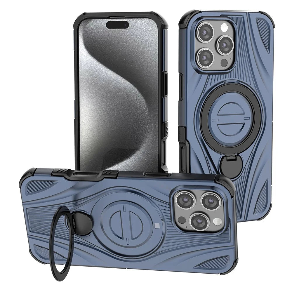 For iPhone 16 Pro Max Magnetic Case Rotating Kickstand TPU PC Shockproof Phone Back Cover Compatible with MagSafe - Dark Blue - 1