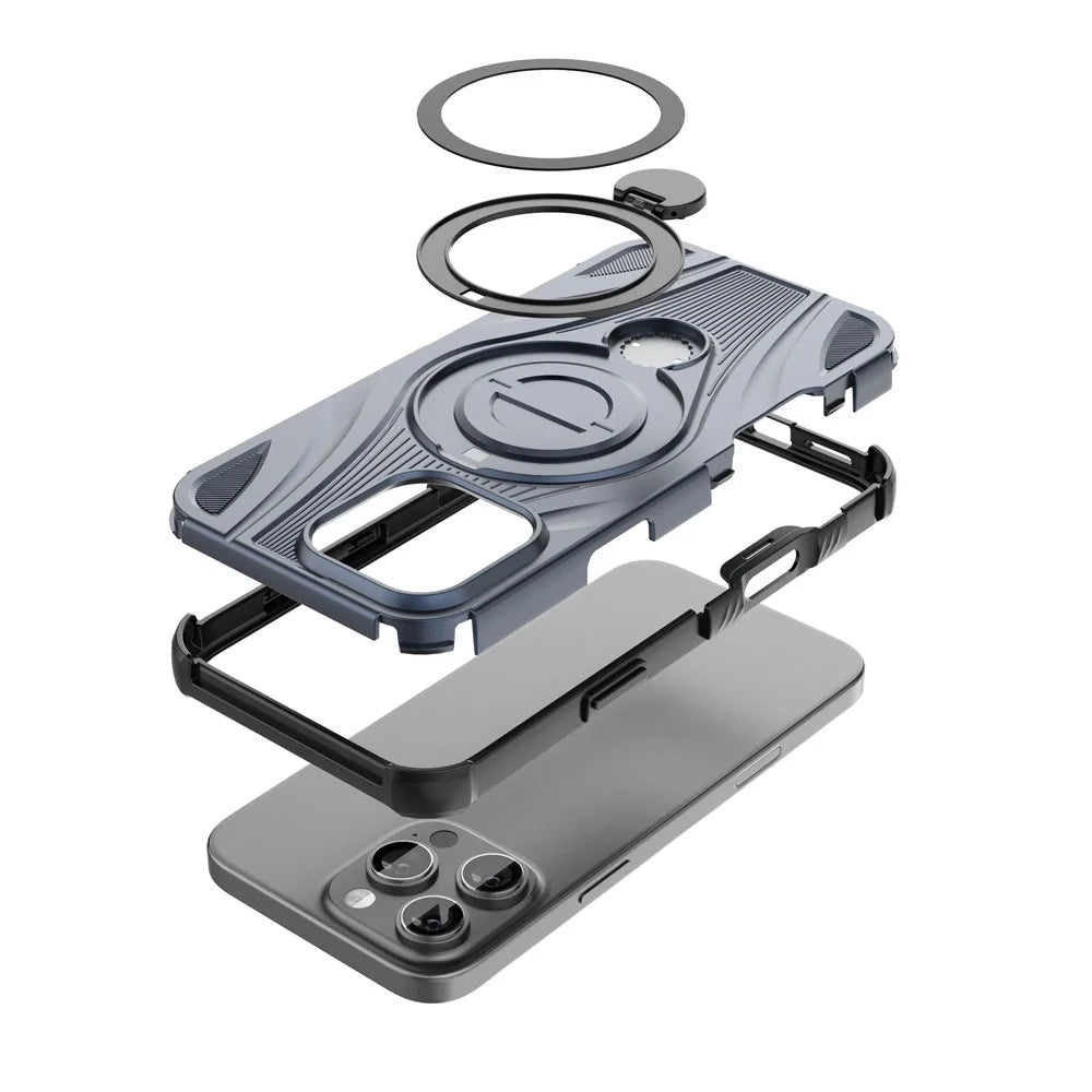 For iPhone 16 Pro Max Magnetic Case Rotating Kickstand TPU PC Shockproof Phone Back Cover Compatible with MagSafe - Dark Blue - 6