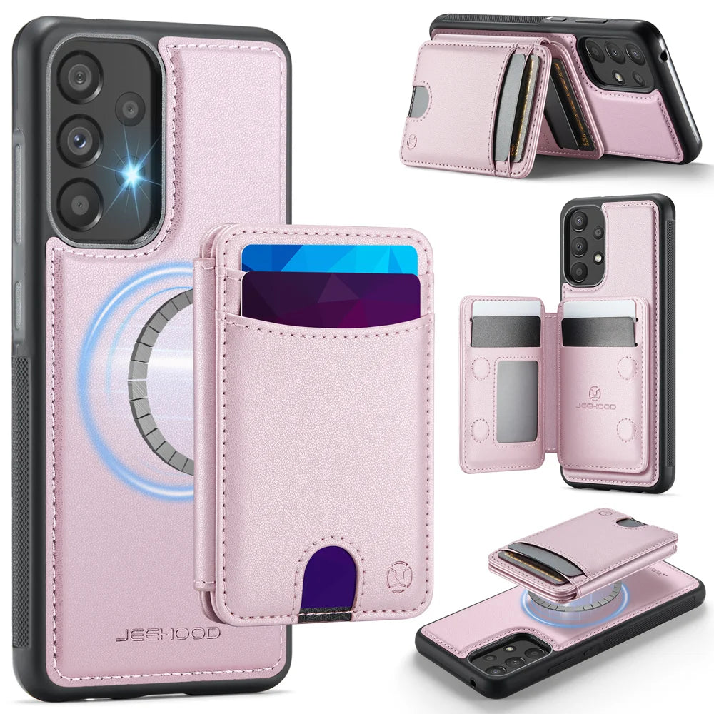 JEEHOOD For Samsung Galaxy A52 5G / Galaxy A52s 5G / Galaxy A52 4G Magnetic Case  J10 Leather Back Phone Cover with Detachable Card Holder Kickstand - Pink - 1