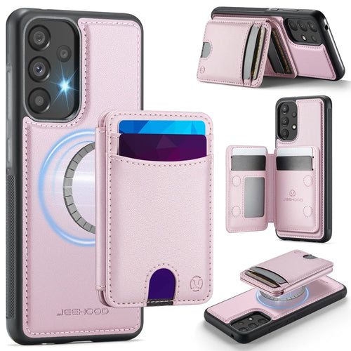 JEEHOOD For Samsung Galaxy A52 5G / Galaxy A52s 5G / Galaxy A52 4G Magnetic Case  J10 Leather Back Phone Cover with Detachable Card Holder Kickstand - Pink - 1