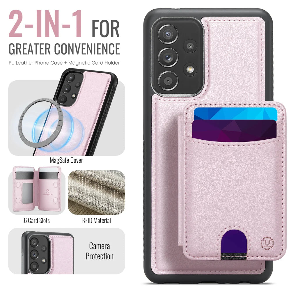 JEEHOOD For Samsung Galaxy A52 5G / Galaxy A52s 5G / Galaxy A52 4G Magnetic Case  J10 Leather Back Phone Cover with Detachable Card Holder Kickstand - Pink - 2