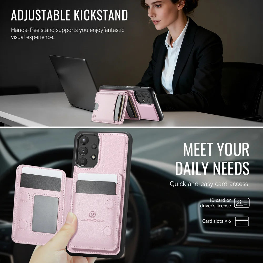 JEEHOOD For Samsung Galaxy A52 5G / Galaxy A52s 5G / Galaxy A52 4G Magnetic Case  J10 Leather Back Phone Cover with Detachable Card Holder Kickstand - Pink - 4