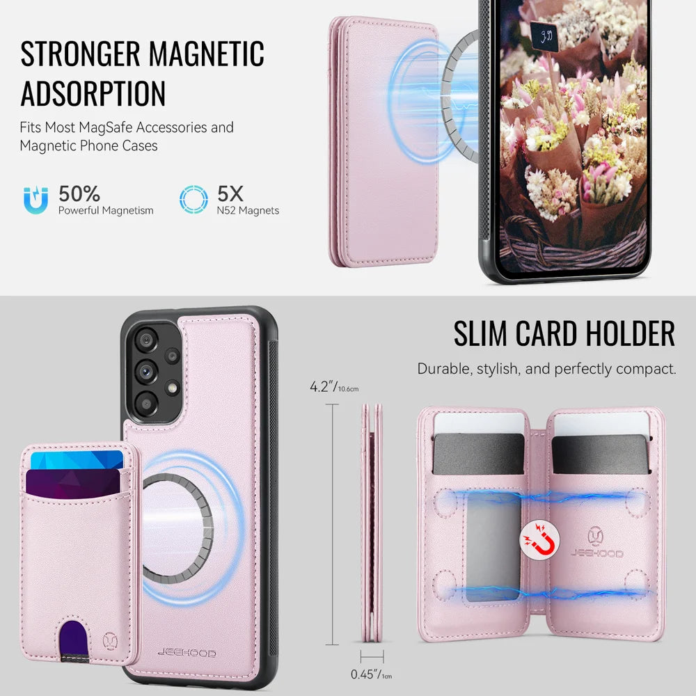 JEEHOOD For Samsung Galaxy A52 5G / Galaxy A52s 5G / Galaxy A52 4G Magnetic Case  J10 Leather Back Phone Cover with Detachable Card Holder Kickstand - Pink - 6