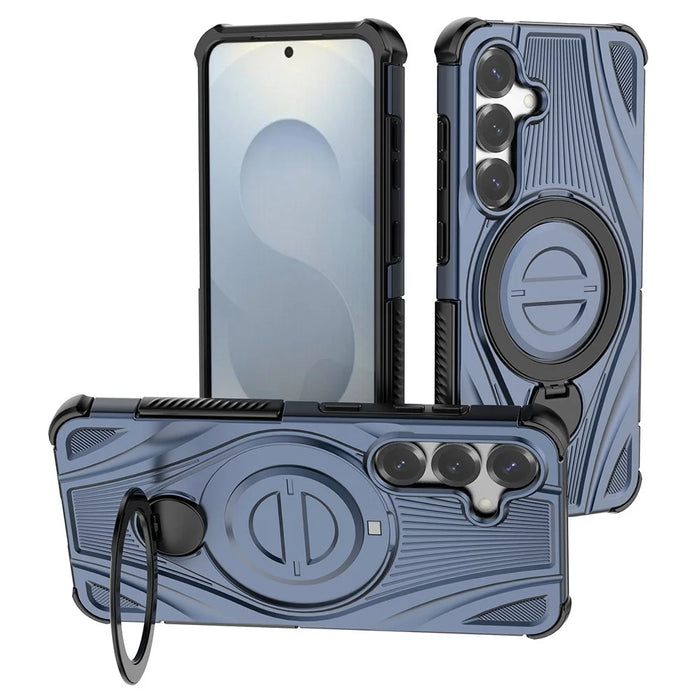 For Samsung Galaxy S25 Magnetic Case Rotating Kickstand TPU PC Shockproof Phone Back Cover - Dark Blue - 1