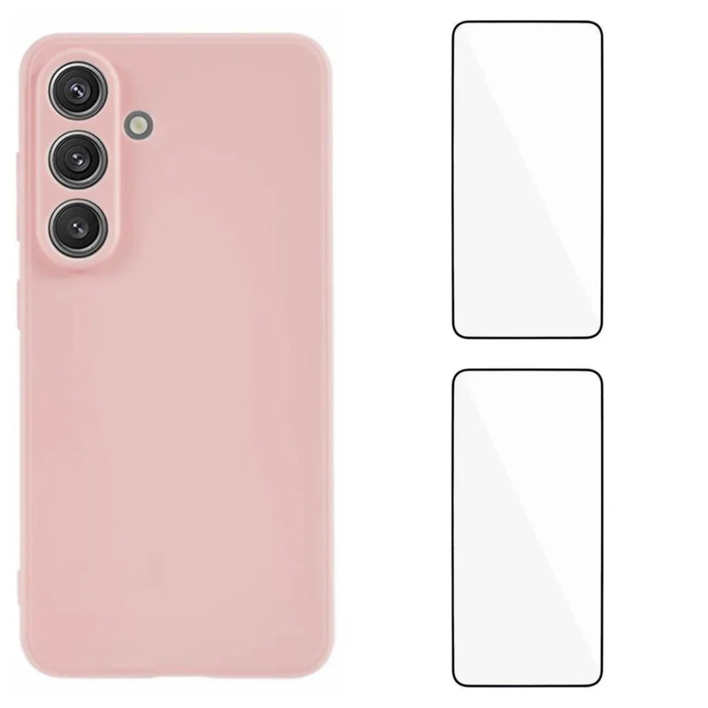 WANLONFENG For Samsung Galaxy S25 Case  ZB1 Series Precise Cutouts Straight Edge TPU Phone Cover with 2Pcs Tempered Glass Films - Pink - 1