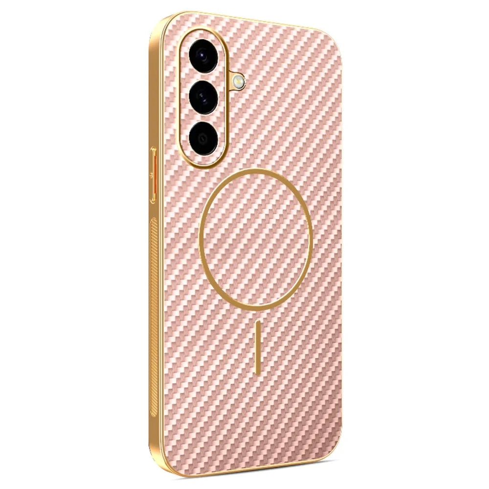 For Samsung Galaxy A57 5G Case Carbon Fiber Textured Electroplated TPU Phone Back Cover - Pink - 1