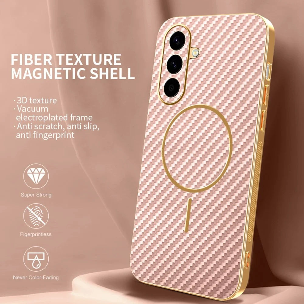 For Samsung Galaxy A57 5G Case Carbon Fiber Textured Electroplated TPU Phone Back Cover - Pink - 2