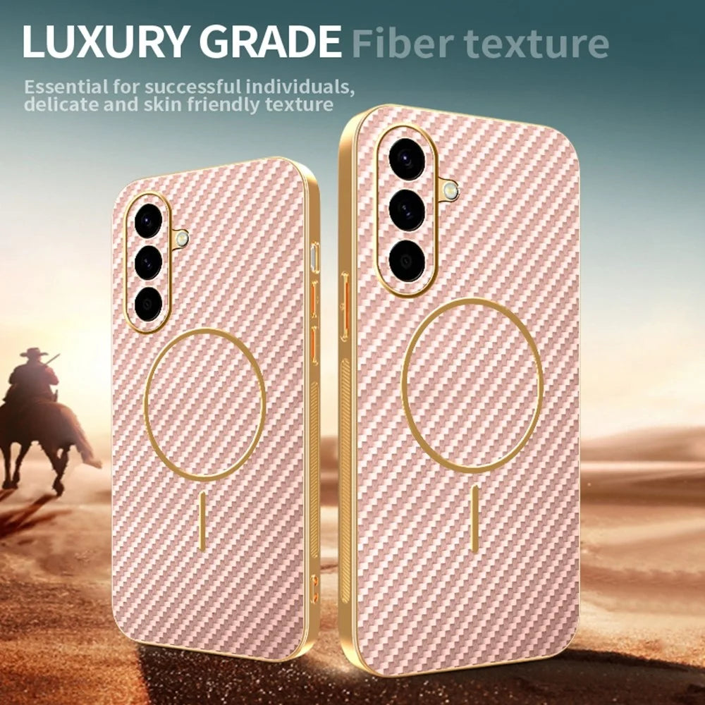 For Samsung Galaxy A57 5G Case Carbon Fiber Textured Electroplated TPU Phone Back Cover - Pink - 4
