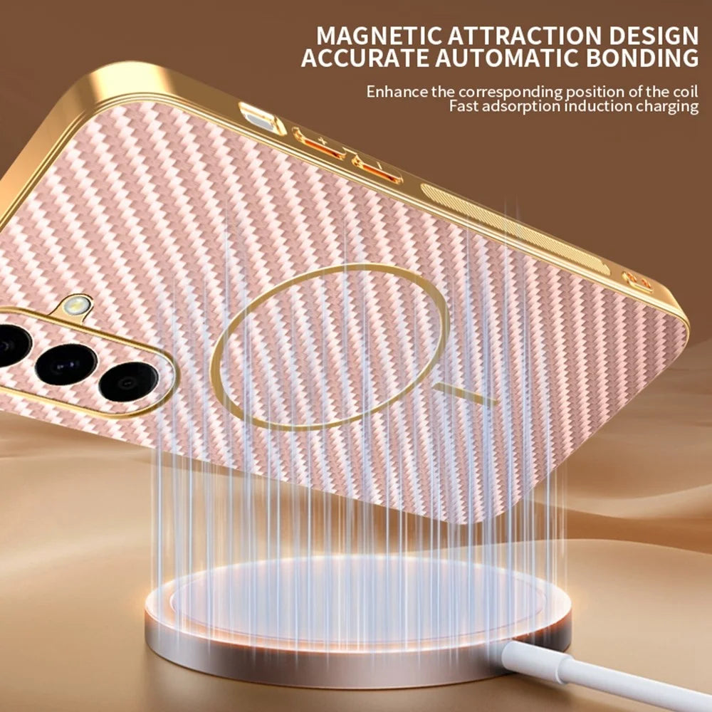 For Samsung Galaxy A57 5G Case Carbon Fiber Textured Electroplated TPU Phone Back Cover - Pink - 6
