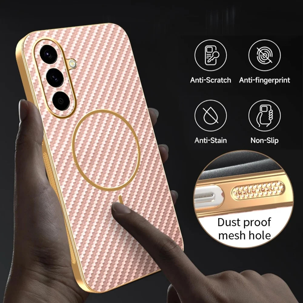 For Samsung Galaxy A57 5G Case Carbon Fiber Textured Electroplated TPU Phone Back Cover - Pink - 7