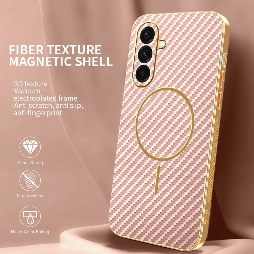 For Samsung Galaxy A37 5G Case Carbon Fiber Textured Electroplated TPU Phone Back Cover - Pink - 2