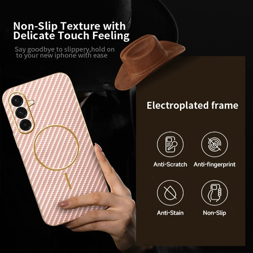 For Samsung Galaxy A37 5G Case Carbon Fiber Textured Electroplated TPU Phone Back Cover - Pink - 3