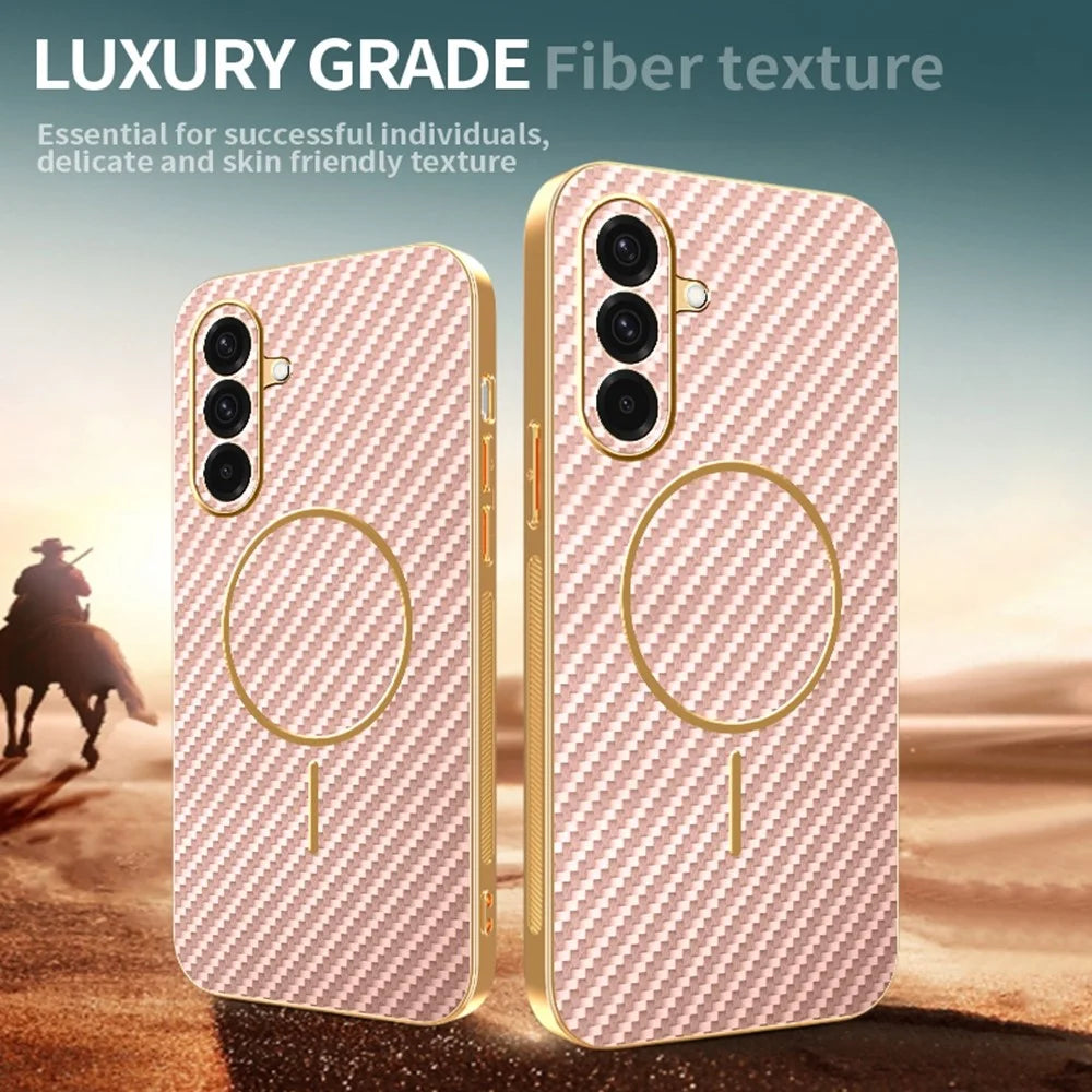 For Samsung Galaxy A37 5G Case Carbon Fiber Textured Electroplated TPU Phone Back Cover - Pink - 4