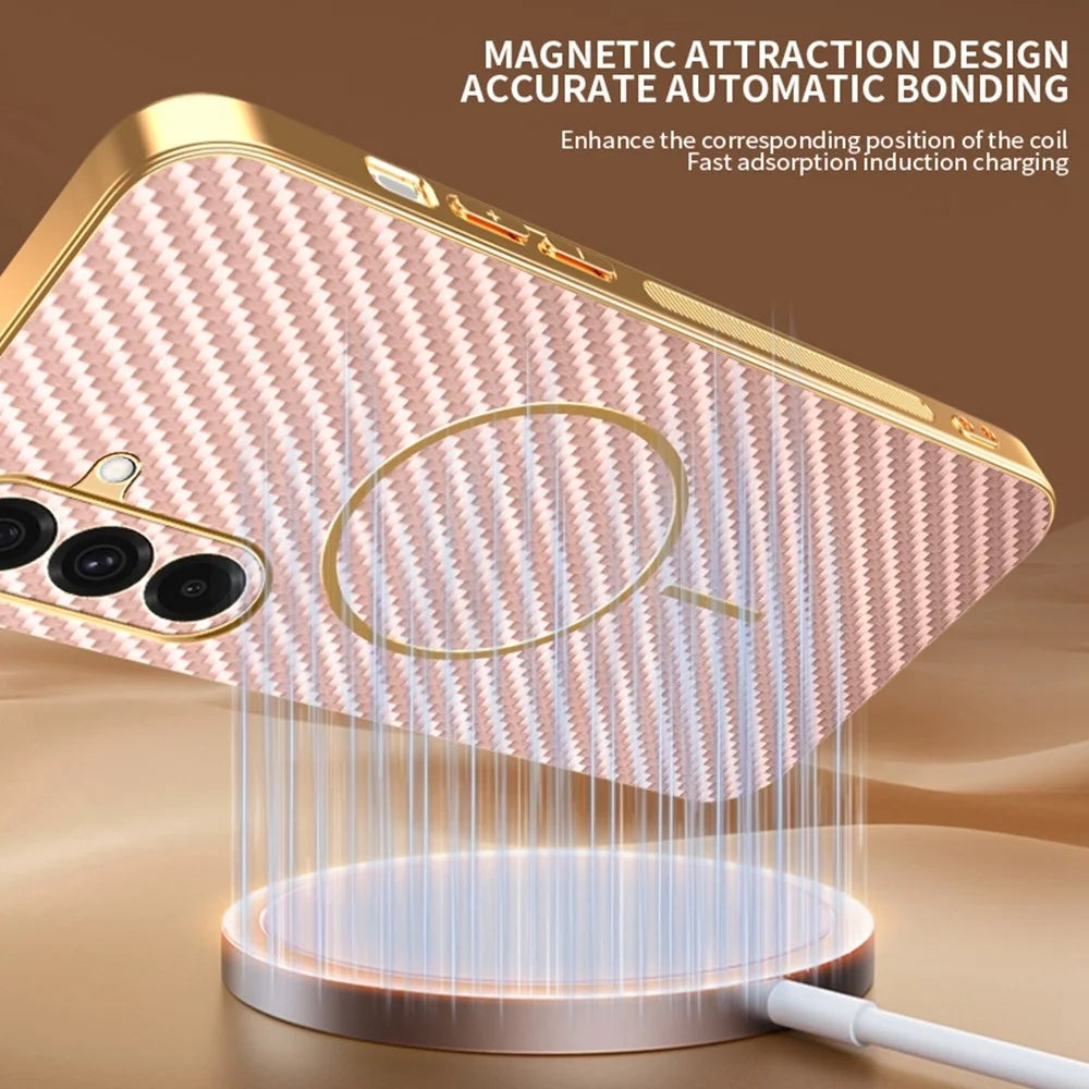 For Samsung Galaxy A37 5G Case Carbon Fiber Textured Electroplated TPU Phone Back Cover - Pink - 6
