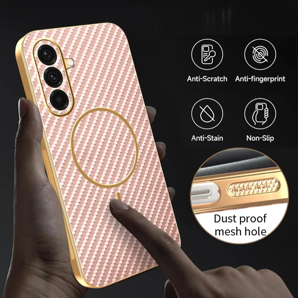 For Samsung Galaxy A37 5G Case Carbon Fiber Textured Electroplated TPU Phone Back Cover - Pink - 7
