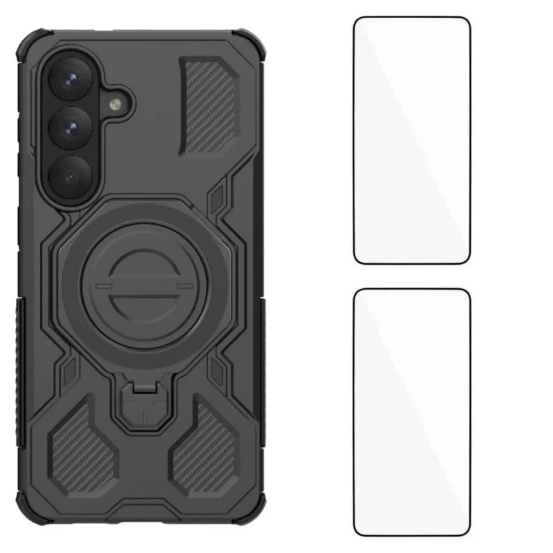 WANLONFENG For Samsung Galaxy S26+ Case Kickstand with 2Pcs Screen Film  KJ Series PC TPU Phone Cover (Big Lens Hole) - Black - 1