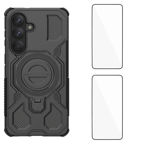 WANLONFENG For Samsung Galaxy S26 Case Kickstand with 2Pcs Screen Film  KJ Series PC TPU Phone Cover (Big Lens Hole) - Black - 1