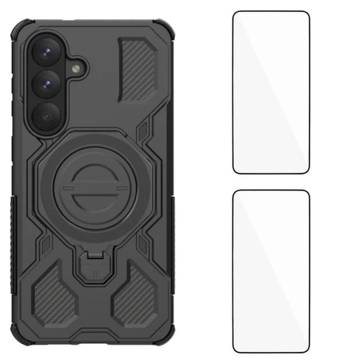 WANLONFENG For Samsung Galaxy S26 Case Kickstand with 2Pcs Screen Film  KJ Series PC TPU Phone Cover (Big Lens Hole) - Black - 1