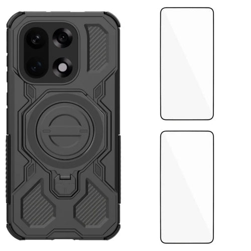 WANLONFENG For OnePlus 15 5G Case Kickstand with 2Pcs Screen Film  KJ Series PC TPU Phone Cover (Big Lens Hole) - Black - 1