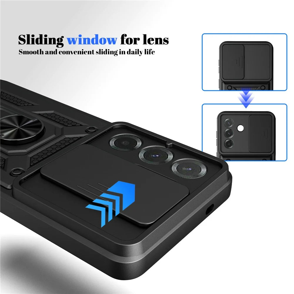 For Samsung Galaxy A37 5G Case with Slide Camera Lid PC + TPU Kickstand Phone Cover - Black - 6